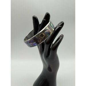 Abalone Shell Inlay Silver Tone Bangle Bracelet Iridescent Mosaic Coastal Boho